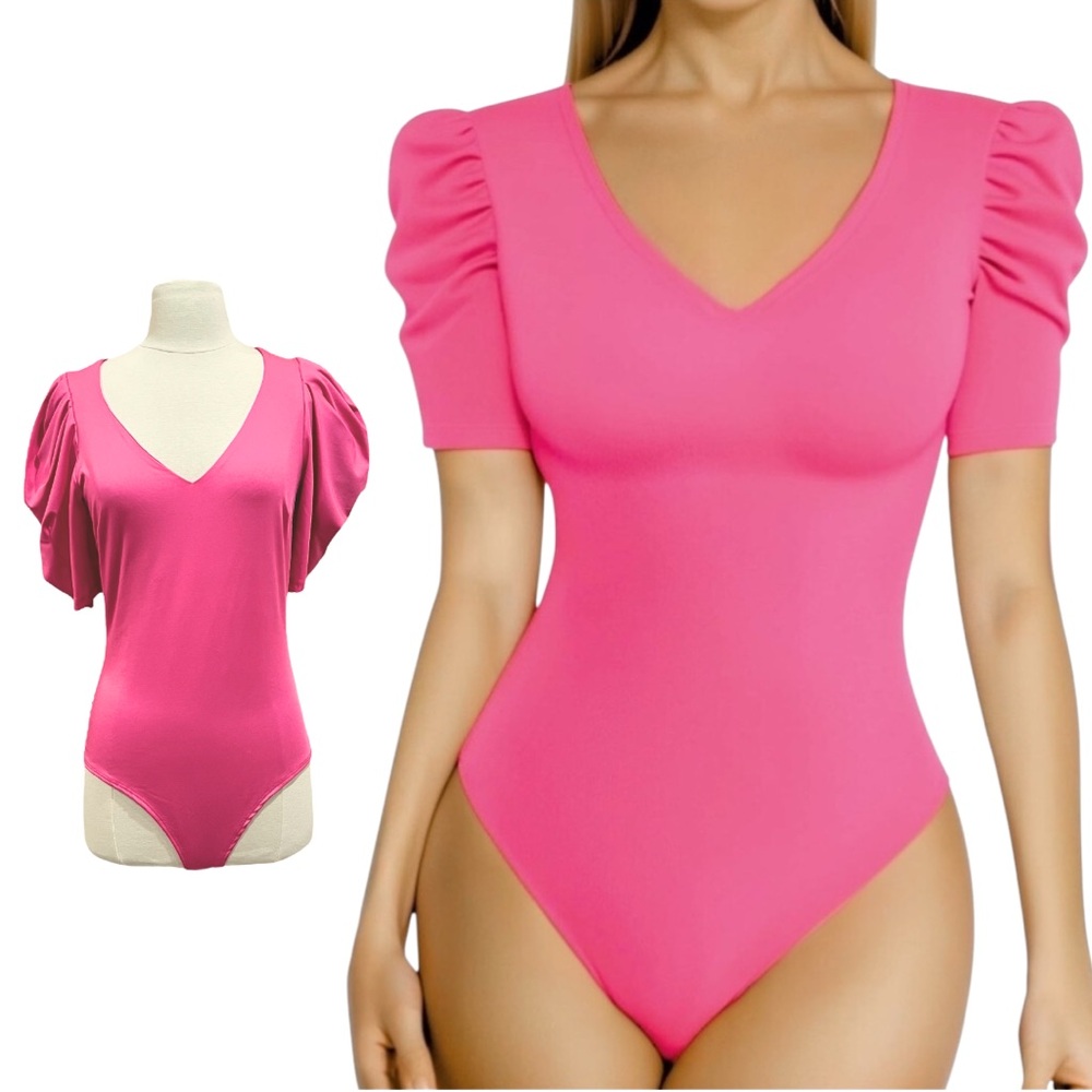 Live in the Moment Pink V Neck Puff Sleeve Bodysuit Size Large - Picture 14 of 14